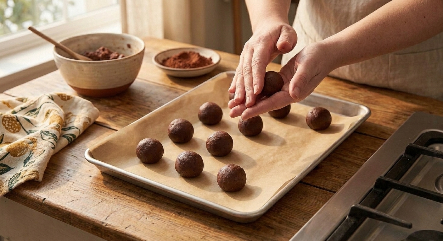 A pair of hands rolling chocolate rum ball dough into small balls over a parchment-lined baking sheet on a kitchen counter