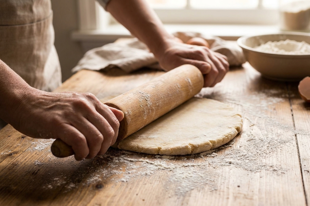A pair of hands rolling out chilled pastry dough on a lightly floured wooden counter with a rolling pin in soft kitchen light