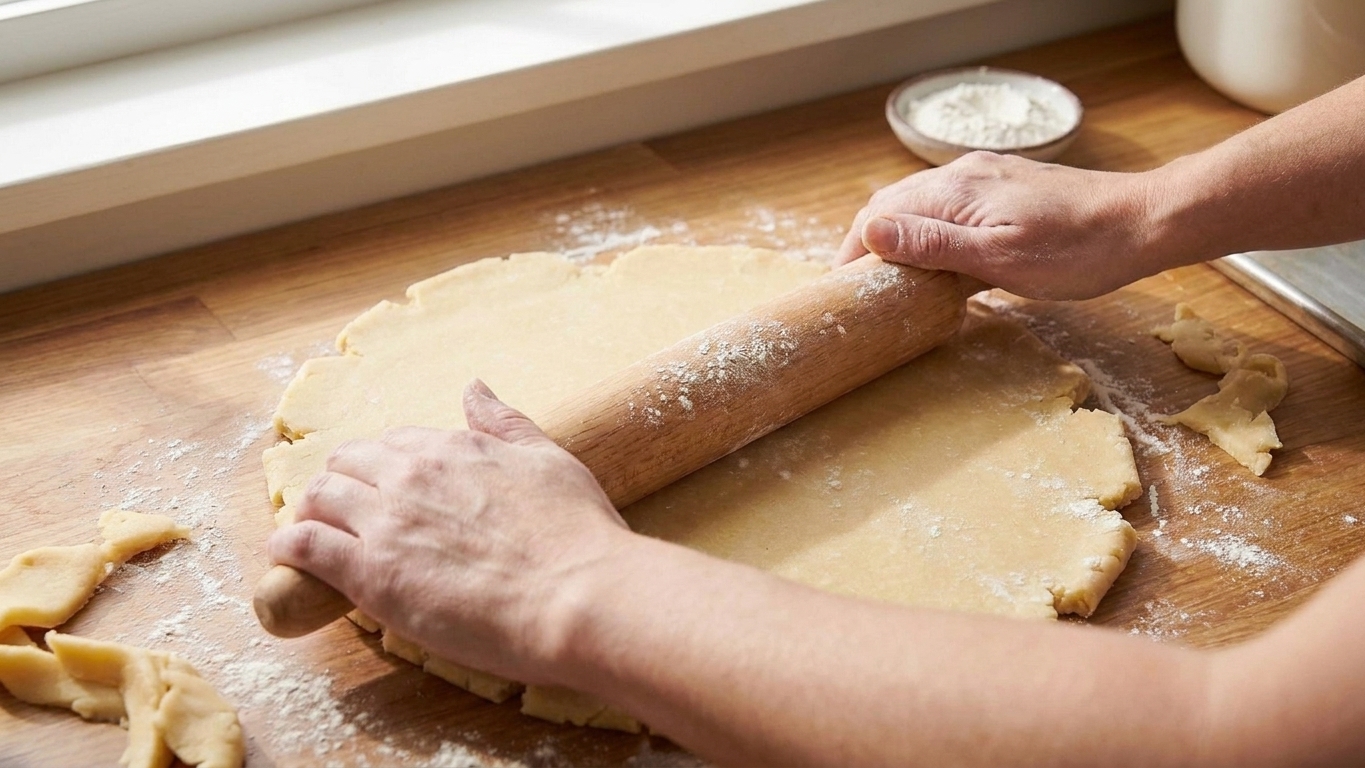 A pair of hands rolling out shortcrust dough on a lightly floured countertop with a wooden rolling pin
