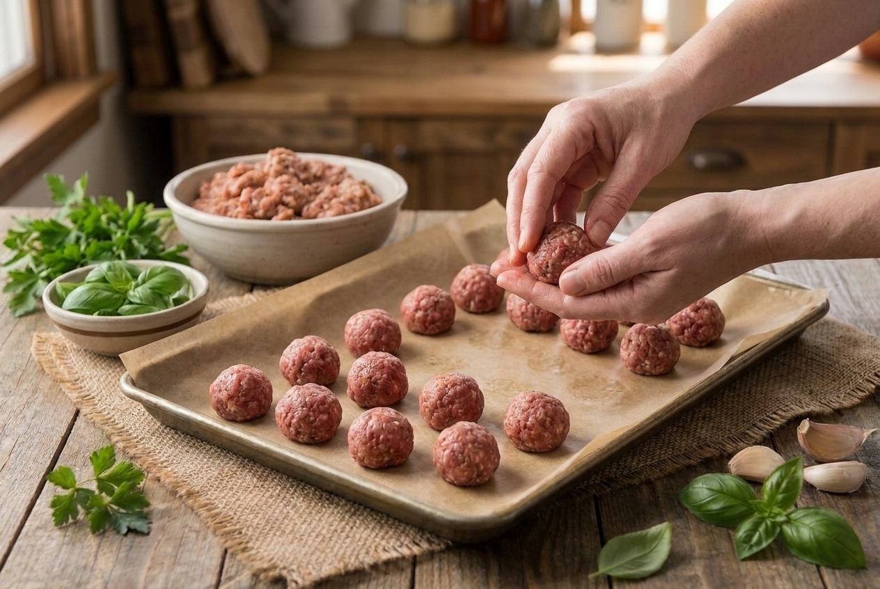 A pair of hands rolling seasoned meat mixture into meatballs on a parchment-lined tray on a home kitchen counter