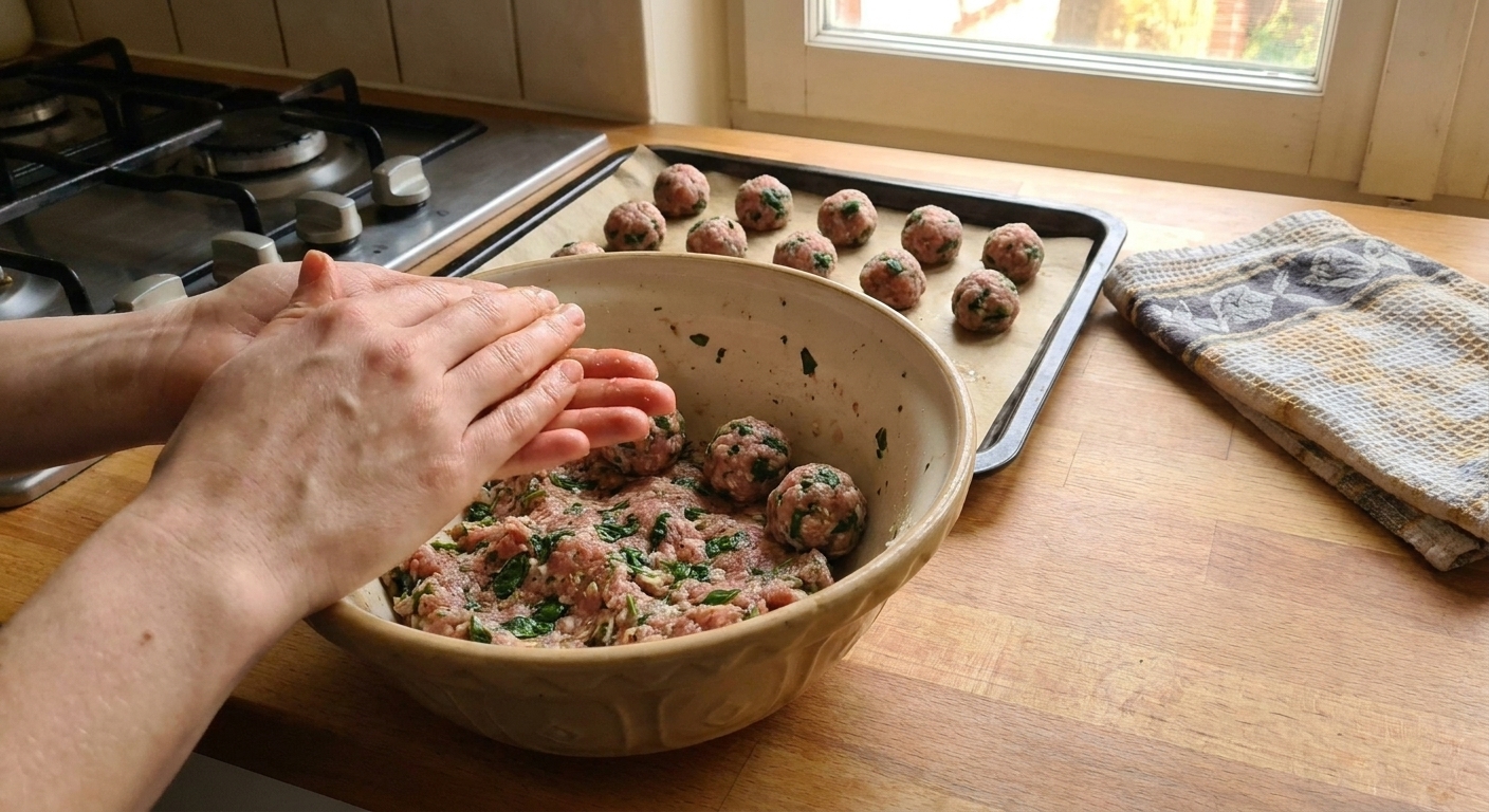 A pair of hands rolling small meatballs over a mixing bowl on a home kitchen counter