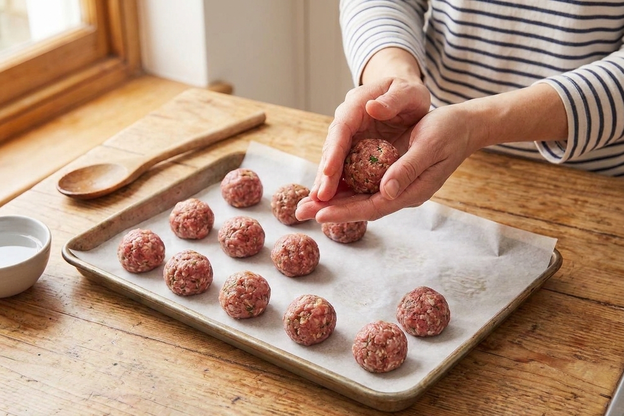 A pair of hands rolling small meatballs over a parchment-lined baking sheet on a bright kitchen counter