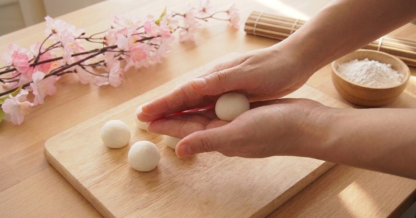 A pair of hands rolling small white dango dough balls on a wooden cutting board