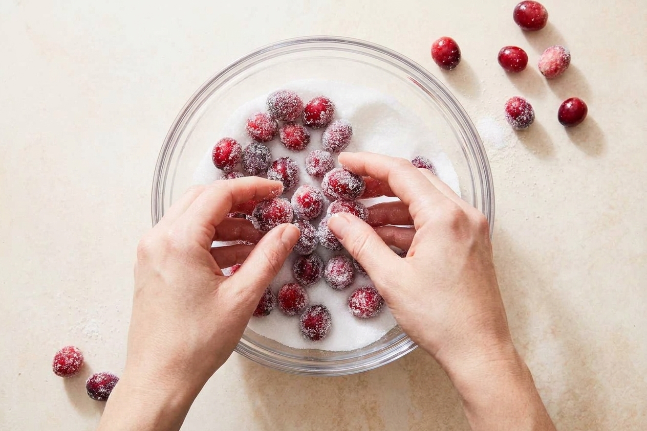 A pair of hands rolling tacky cranberries in a shallow bowl of granulated sugar on a bright kitchen counter