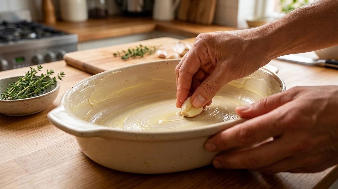 A pair of hands rubbing a cut garlic clove around a buttered ceramic baking dish on a light kitchen counter