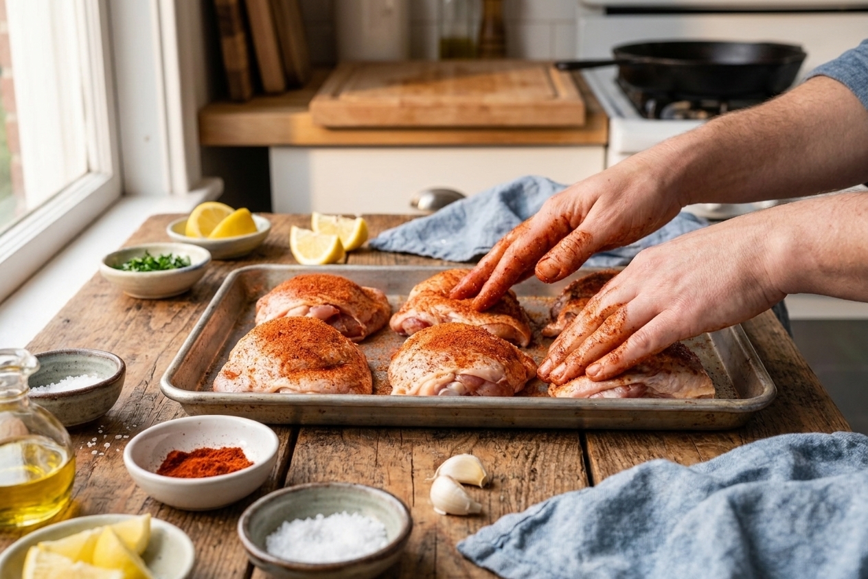 A pair of hands rubbing a paprika spice mix onto raw chicken thighs on a sheet pan in a home kitchen