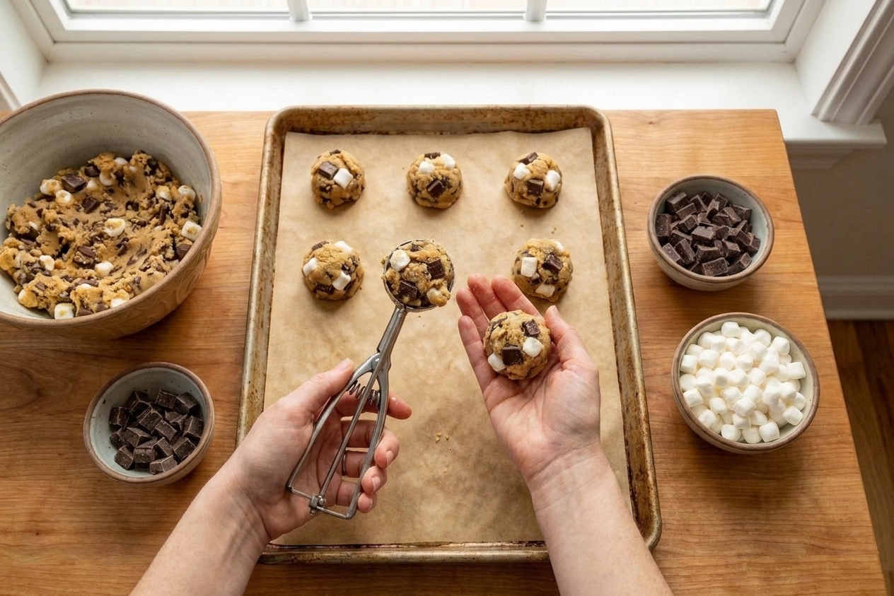 A pair of hands scooping and rolling s’mores cookie dough balls with visible chocolate chunks on a parchment-lined baking sheet