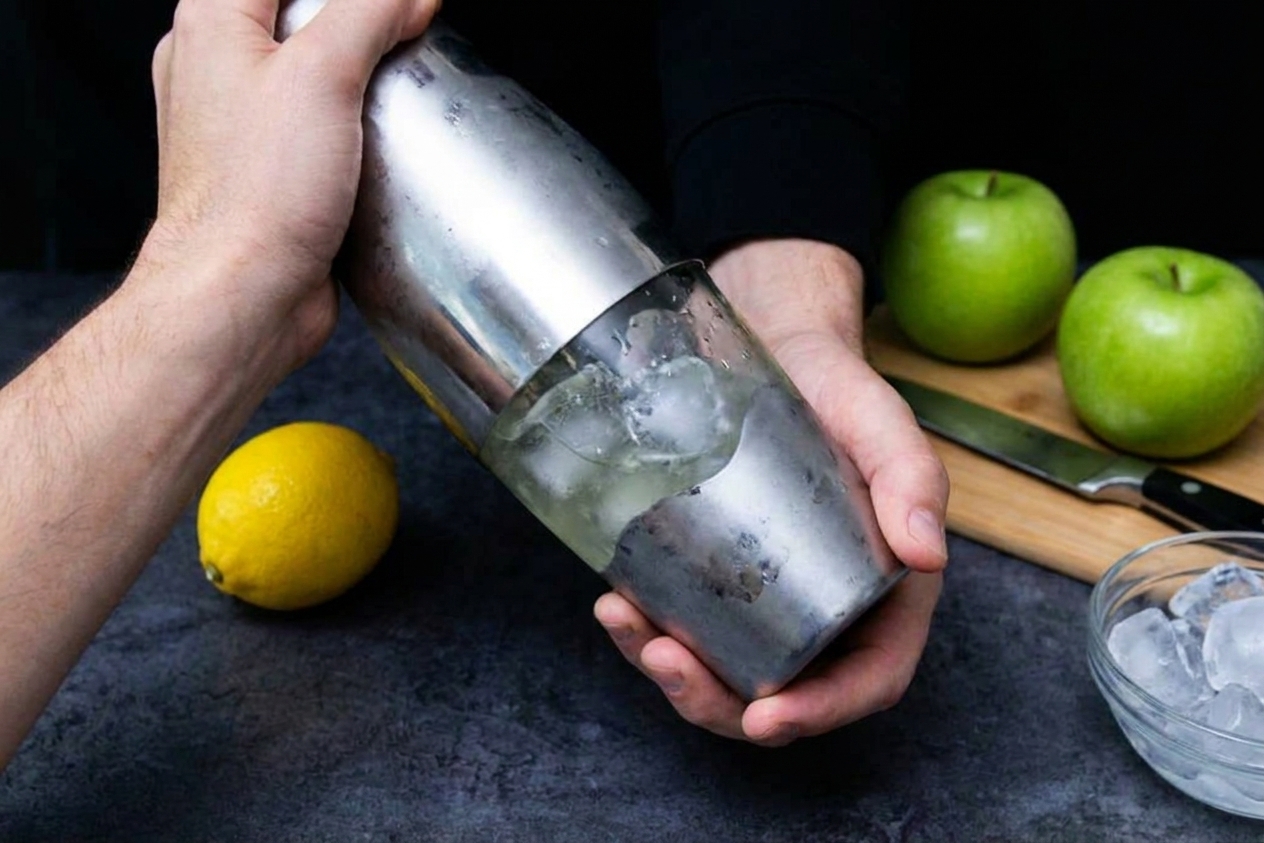A pair of hands shaking a stainless steel cocktail shaker over a kitchen counter with a lemon and green apple nearby