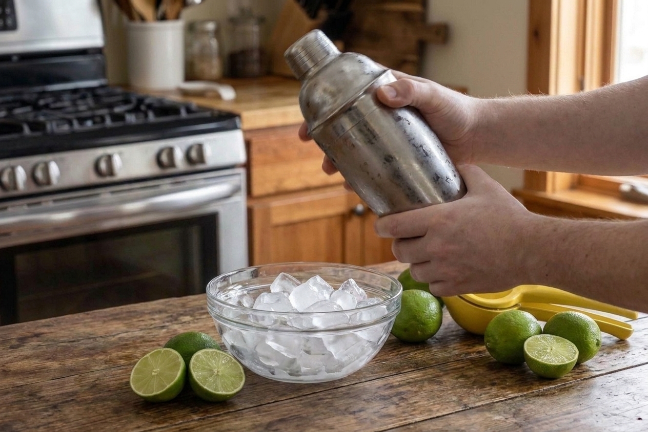 A pair of hands shaking a stainless steel cocktail shaker over a kitchen counter with citrus and ice nearby
