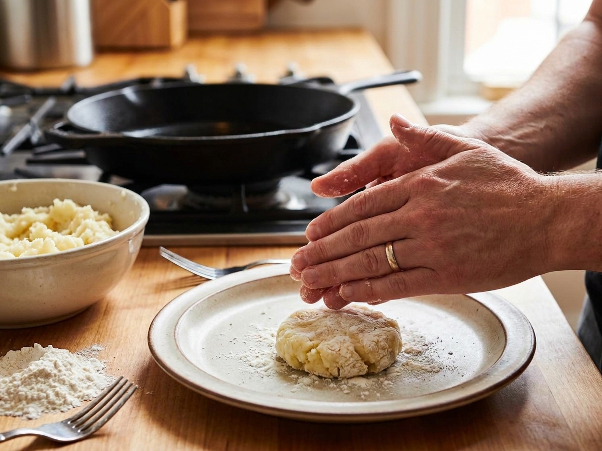 A pair of hands shaping a small potato cake patty on a plate in a home kitchen