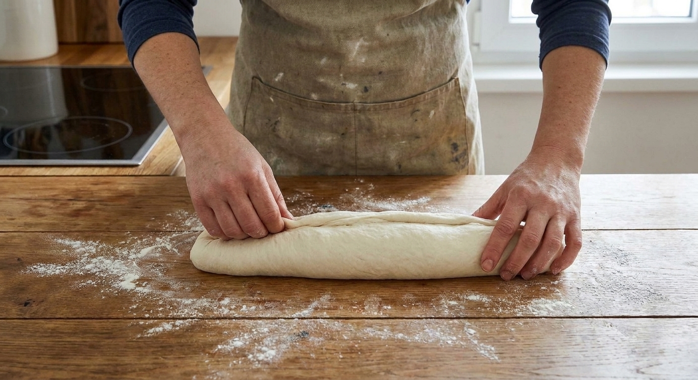 A pair of hands shaping a smooth log of bread dough on a lightly floured kitchen counter, mid-roll with the seam being pinched closed