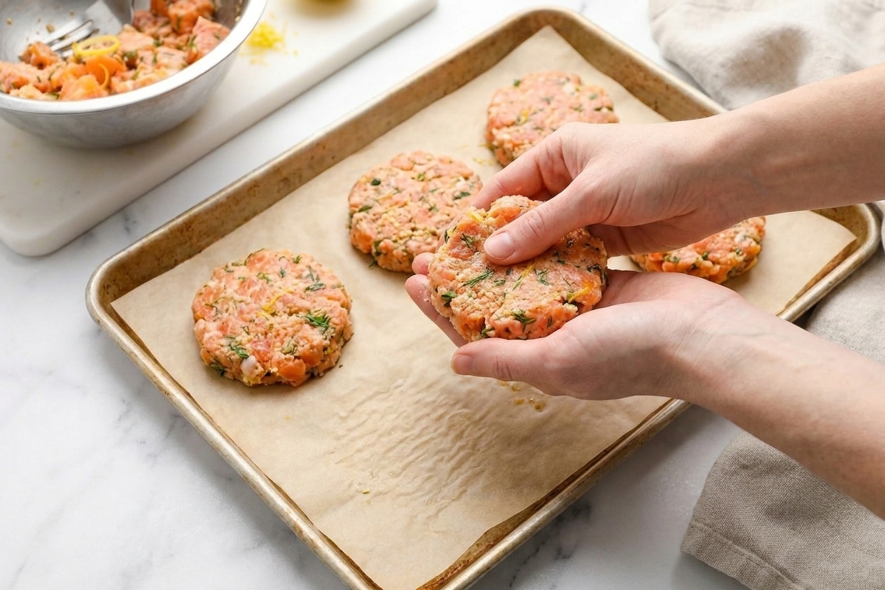 A pair of hands shaping salmon burger patties on a parchment-lined sheet pan in a home kitchen