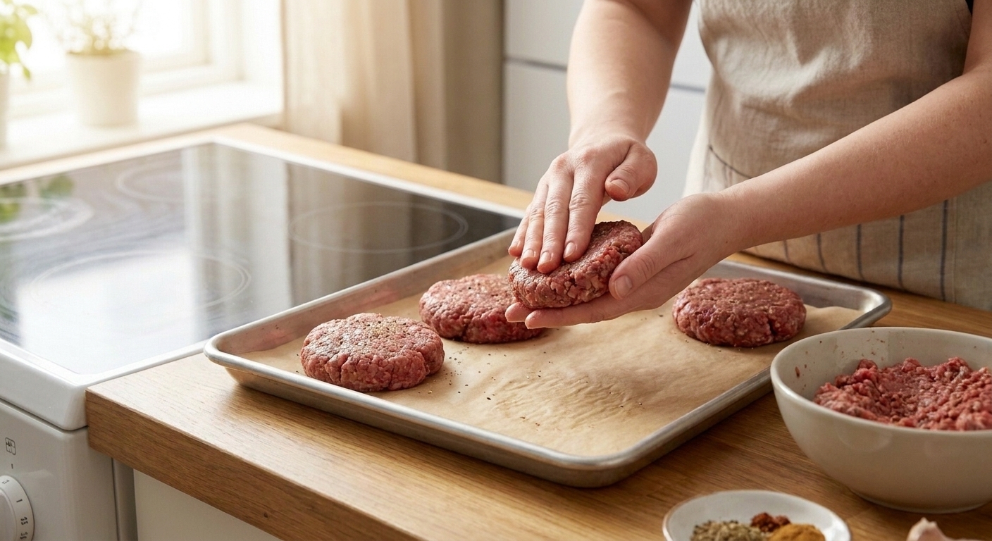A pair of hands shaping seasoned ground beef into burger patties on a parchment-lined sheet pan in a bright home kitchen