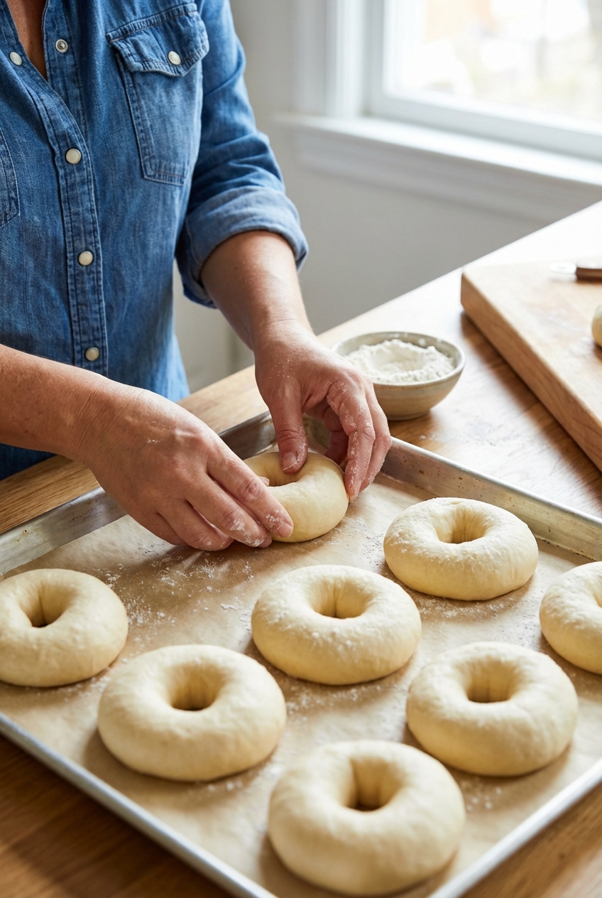 A pair of hands shaping smooth bagel rings on a parchment lined baking sheet