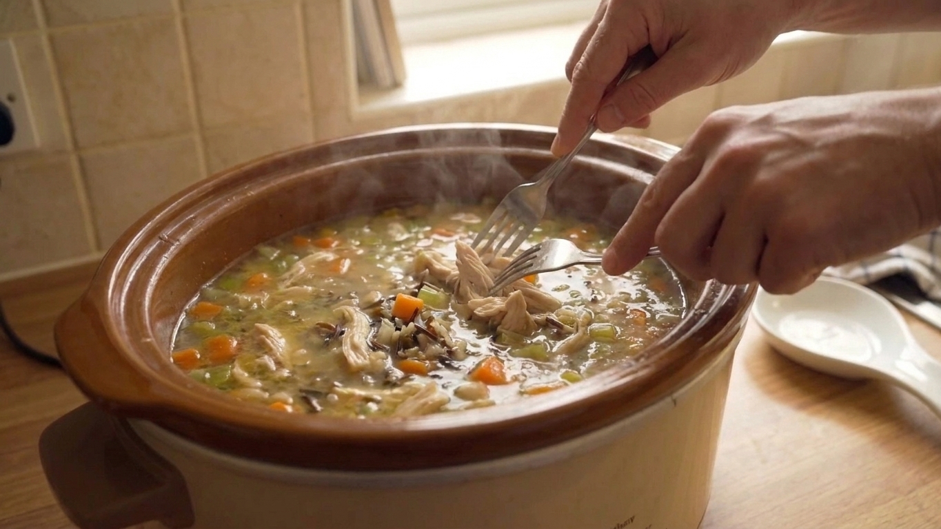 A pair of hands shredding tender cooked chicken with two forks directly inside a slow cooker full of soup, cozy home kitchen counter in the background