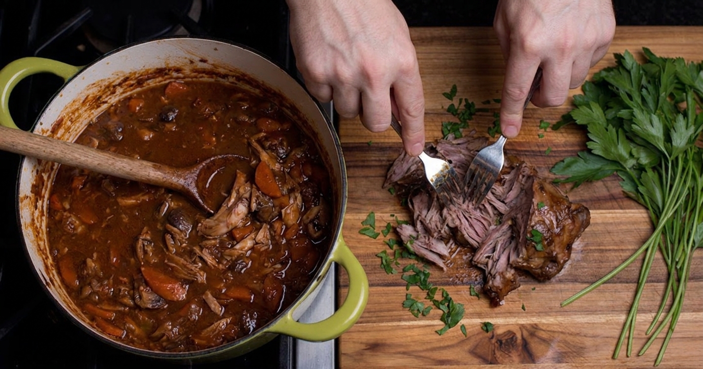 A pair of hands shredding tender cooked rabbit meat on a cutting board with a pot of sauce nearby