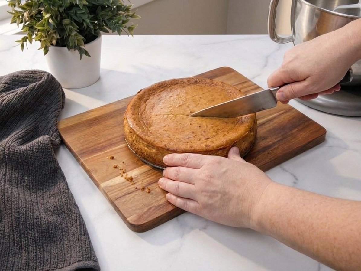 A pair of hands slicing a chilled baked cheesecake with a long knife on a wooden cutting board in a bright home kitchen