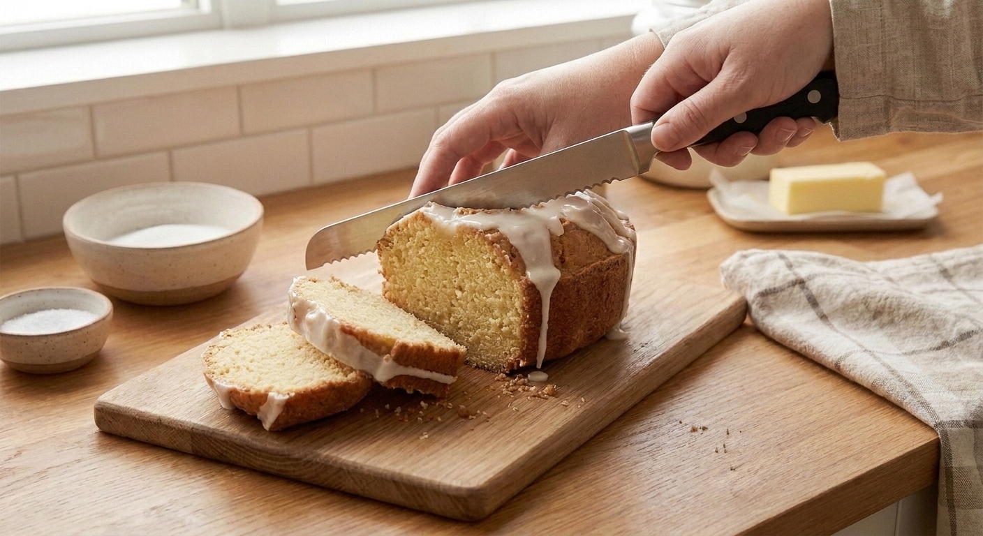 A pair of hands slicing a golden sour cream pound cake on a wooden cutting board with a serrated knife in a bright home kitchen