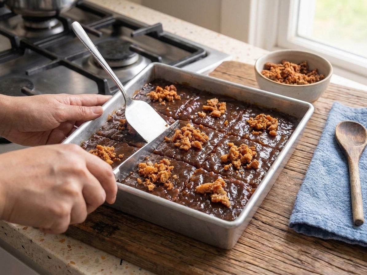 A pair of hands slicing cooled biko into neat squares in the baking pan on a kitchen counter, soft natural light