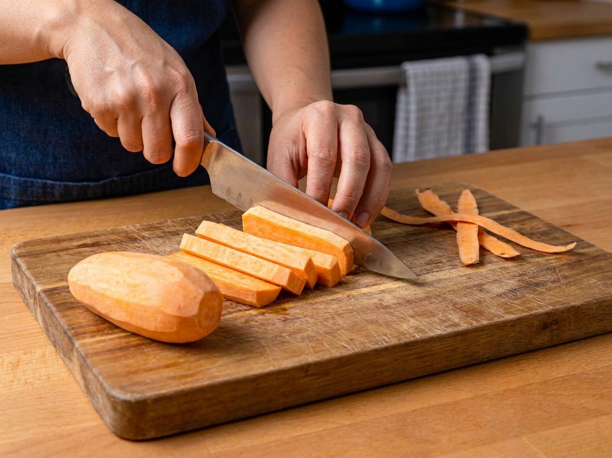 A pair of hands slicing peeled yams into evenly sized fry sticks on a wooden cutting board in a home kitchen