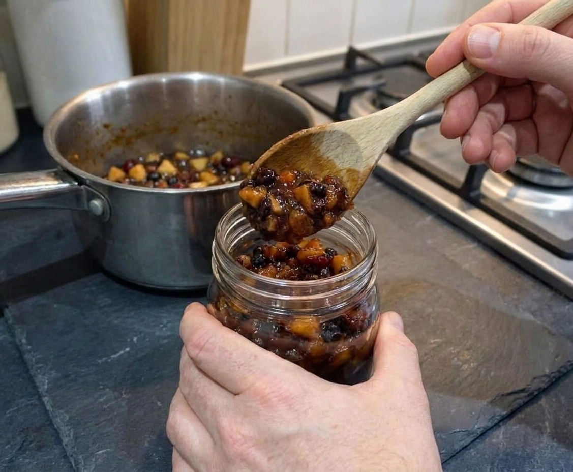 A pair of hands spooning cooled mincemeat into a clean glass jar on a kitchen counter