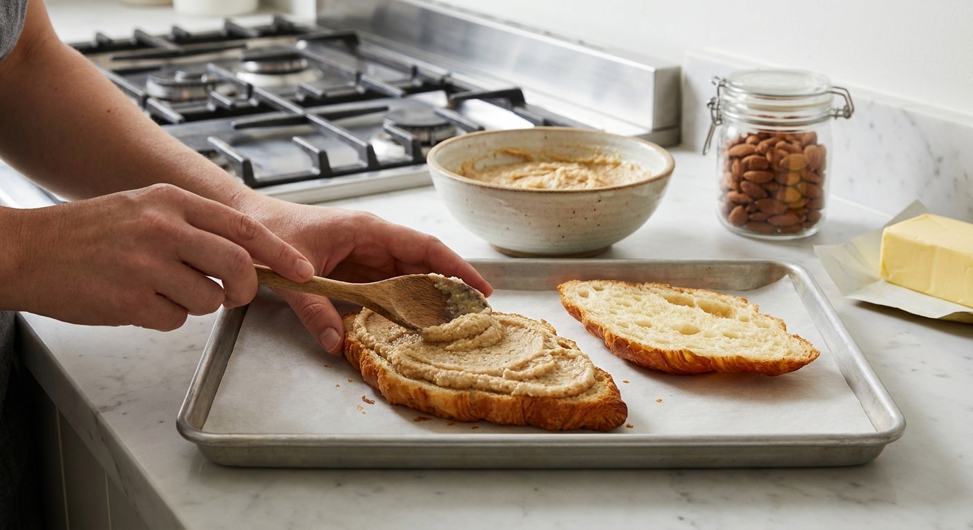 A pair of hands spreading almond cream inside a sliced croissant on a parchment-lined baking sheet in a home kitchen