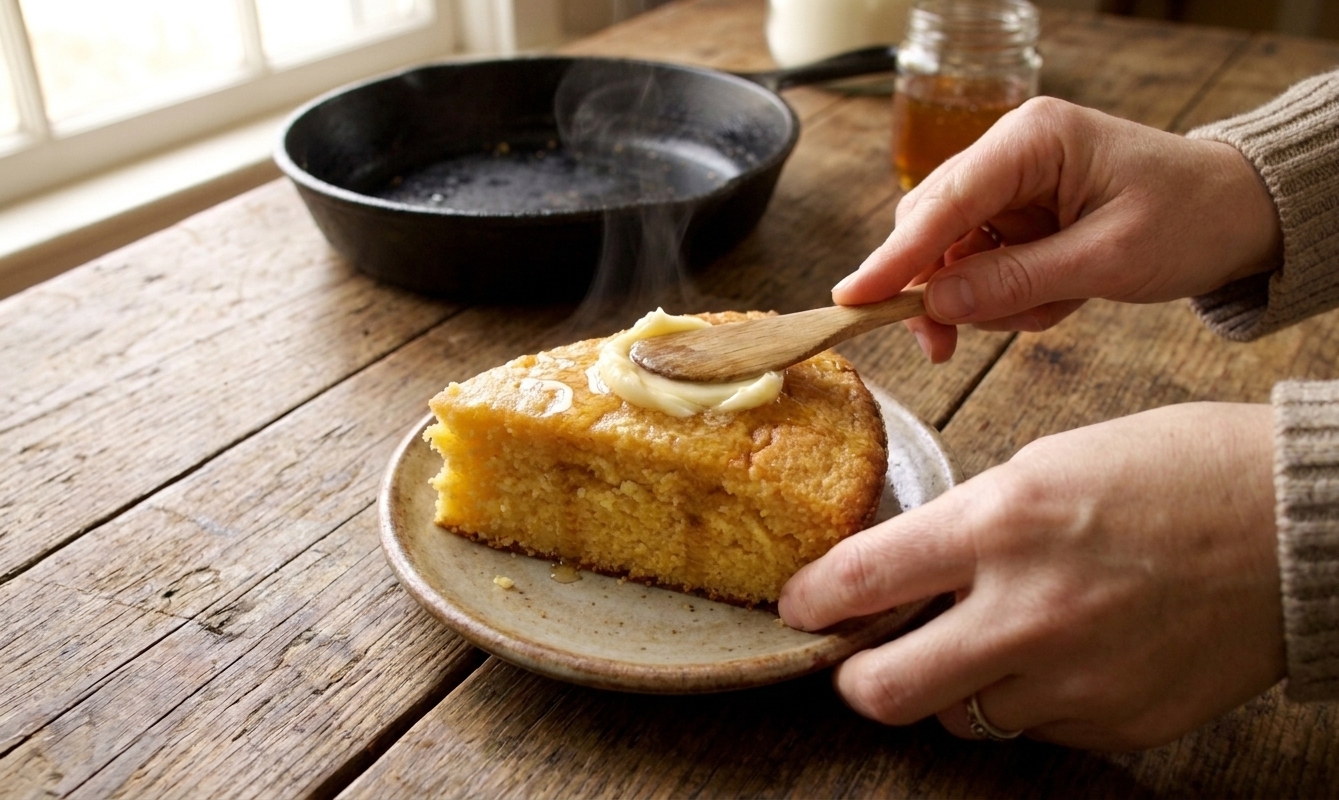 A pair of hands spreading honey butter over a warm wedge of cornbread on a small plate in a cozy home kitchen