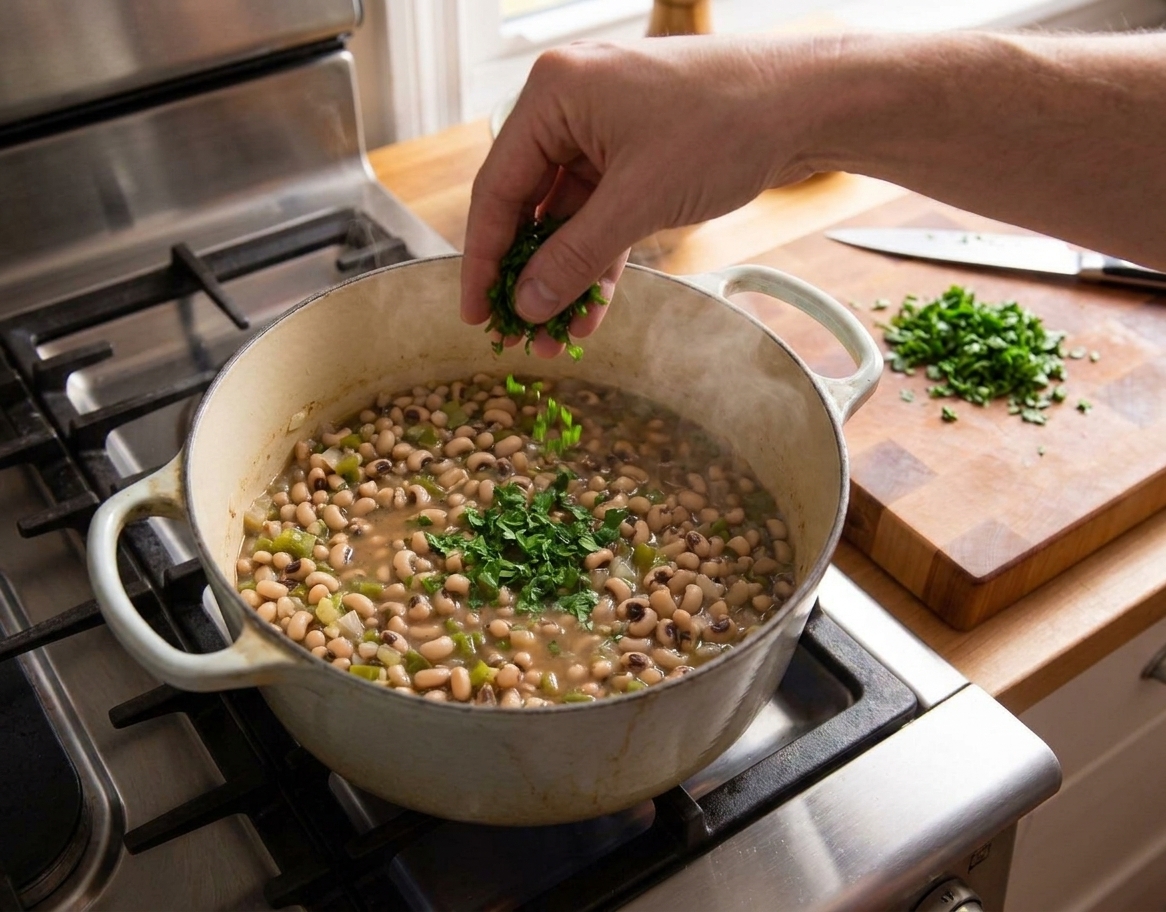 A pair of hands sprinkling chopped parsley over a pot of simmered black eyed peas on a stovetop