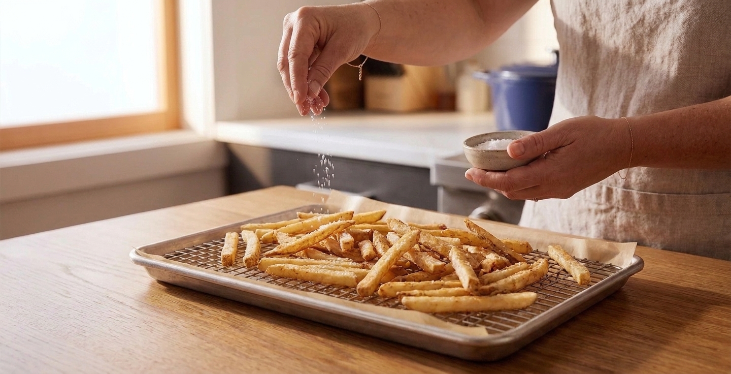 A pair of hands sprinkling fine salt over freshly fried French fries resting on a wire rack in a warm home kitchen