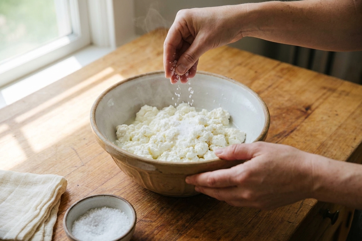 A pair of hands sprinkling kosher salt over warm cheese curds in a mixing bowl on a kitchen counter