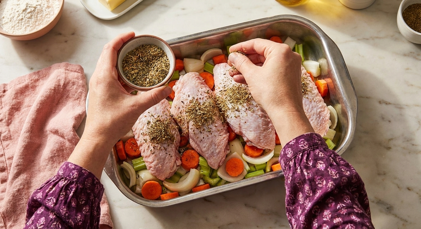 A pair of hands sprinkling seasoning over turkey wings in a baking dish on a kitchen counter