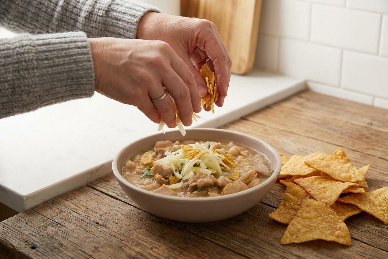 A pair of hands sprinkling shredded cheese and crushed tortilla chips over a bowl of white bean chili on a wooden table