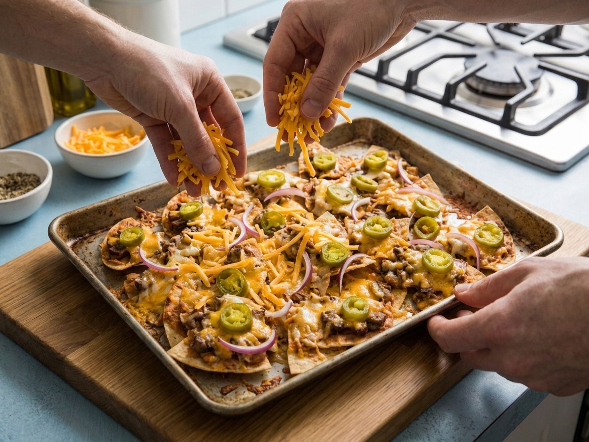 A pair of hands sprinkling shredded cheese and jalapeño slices over a sheet pan of tortilla chips on a kitchen counter