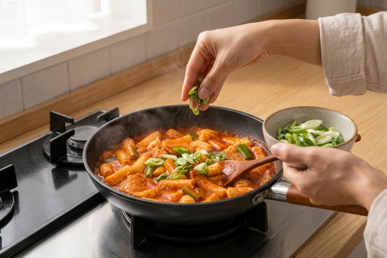 A pair of hands sprinkling sliced scallions over a pan of finished tteokbokki on the stovetop