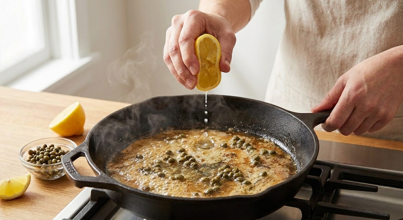 A pair of hands squeezing a lemon into a warm skillet with bubbling butter sauce and capers