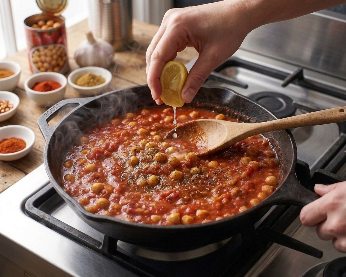 A pair of hands squeezing a lemon wedge over a simmering skillet of chickpeas in tomato sauce on a home stove with warm lighting