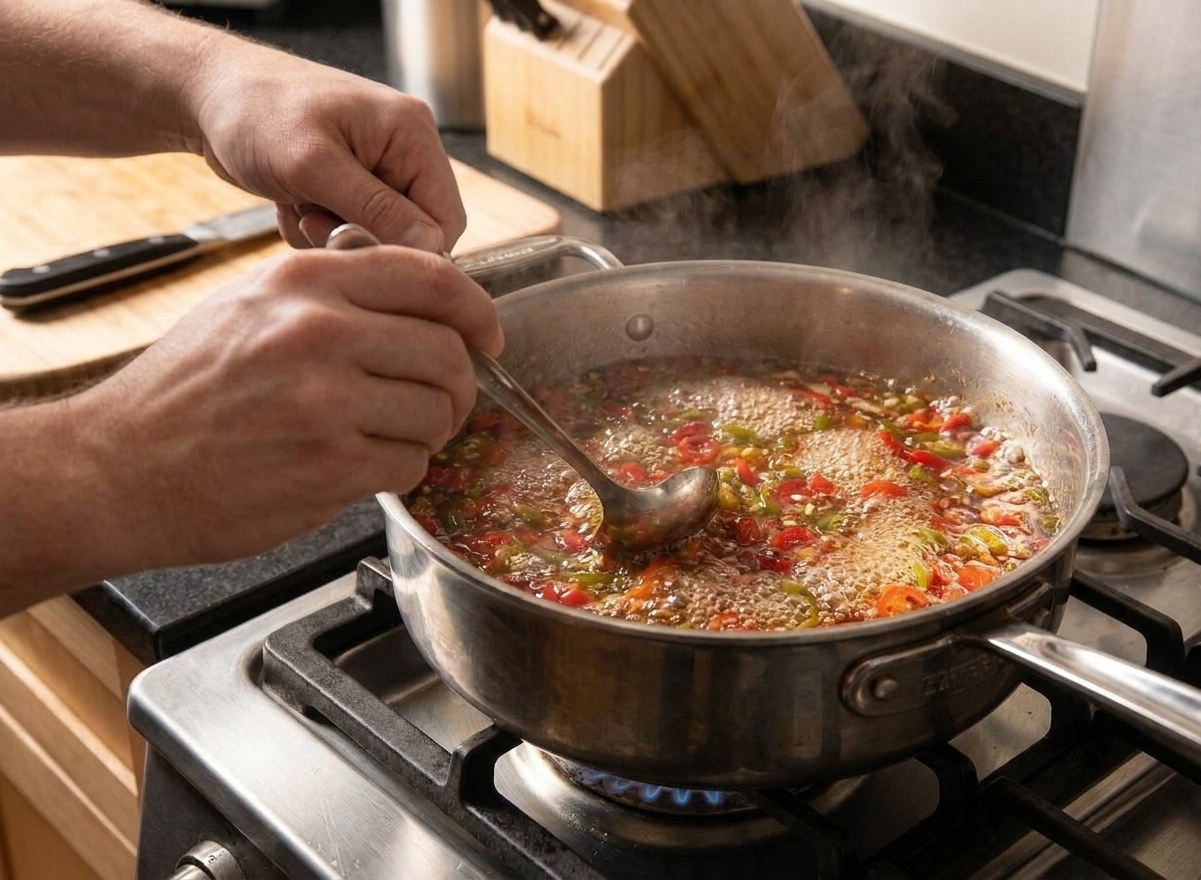 A pair of hands stirring a bubbling pot of chopped peppers and syrup on a stovetop in a warm home kitchen