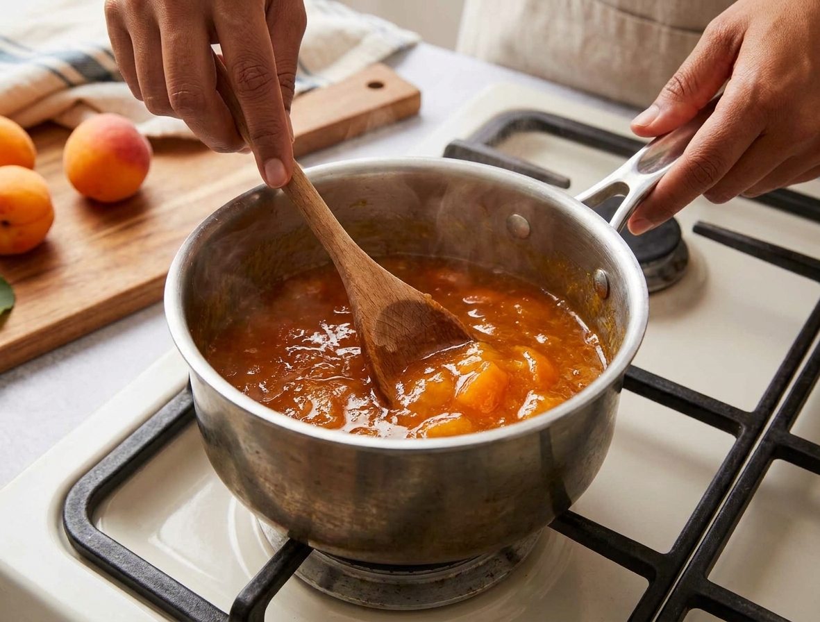 A pair of hands stirring simmering apricot jam in a saucepan on a home stove, warm kitchen light