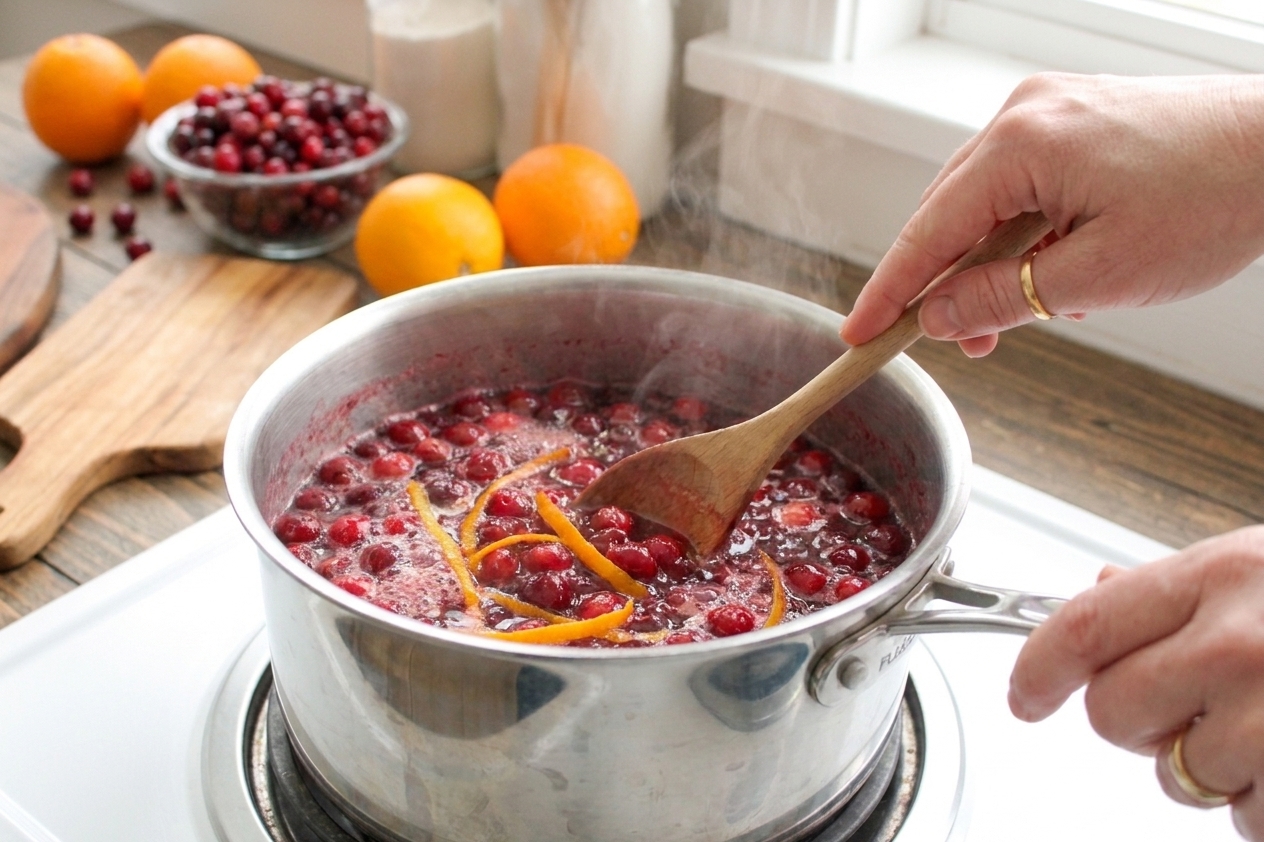 A pair of hands stirring simmering cranberry orange sauce in a stainless steel saucepan on a home stove, steam rising in warm kitchen light