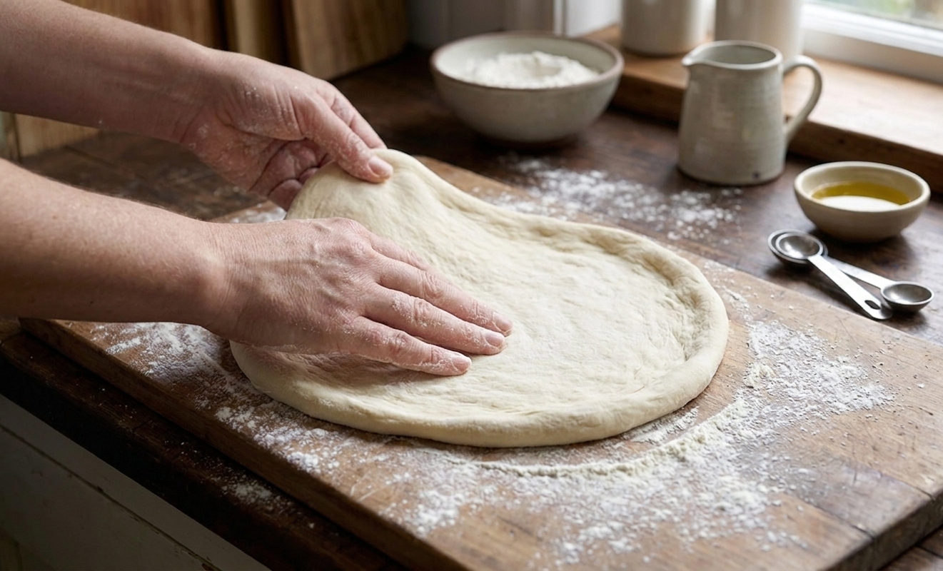 A pair of hands stretching soft pizza dough into a round on a floured wooden board in a home kitchen