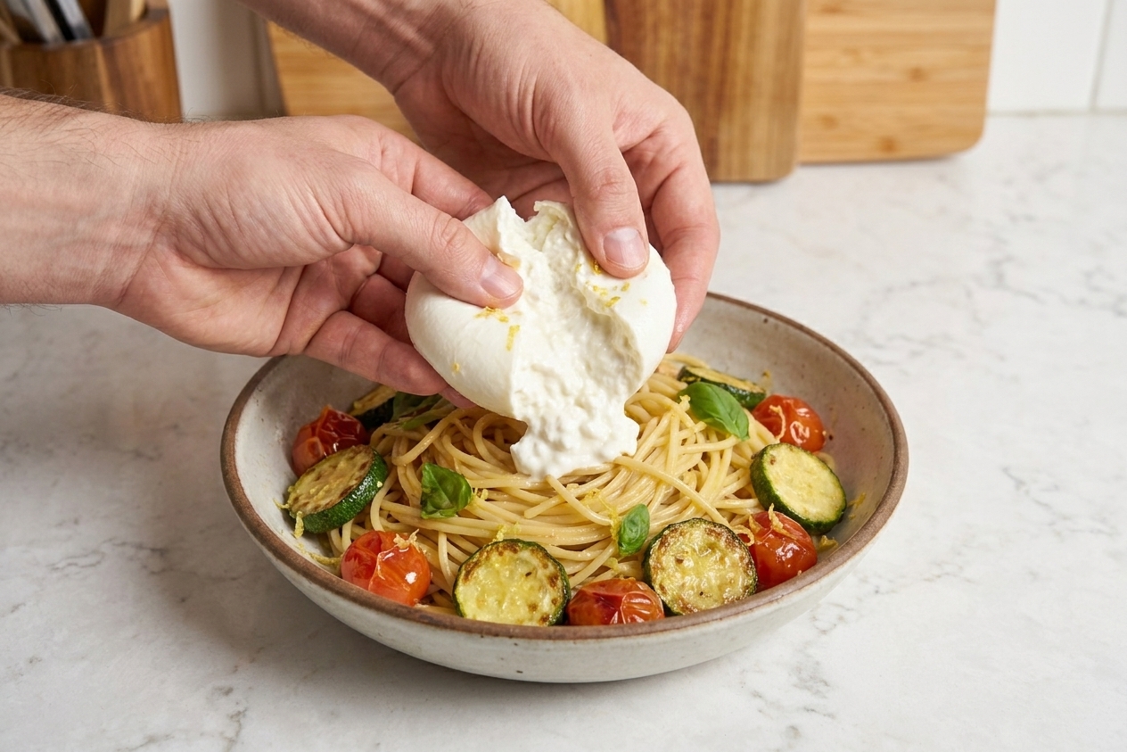 A pair of hands tearing creamy burrata over a bowl of lemony zucchini tomato pasta on a kitchen counter
