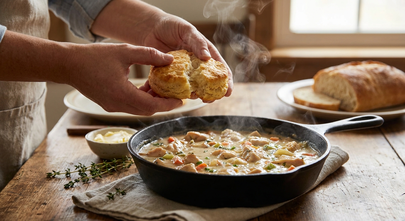A pair of hands tearing open a warm biscuit with visible steam rising above a skillet dinner on a wooden table