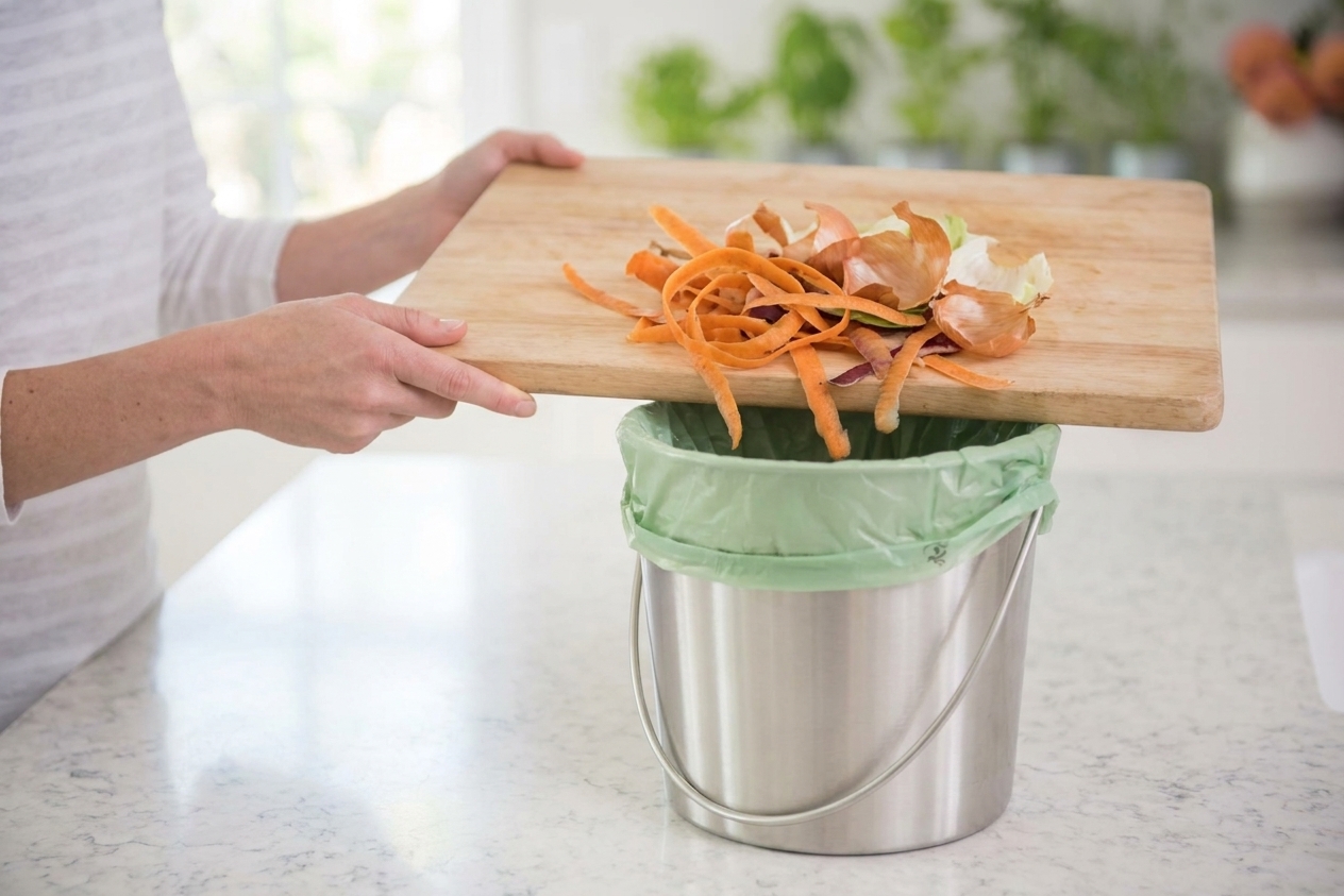 A pair of hands tipping carrot peels and onion skins from a cutting board into a lined countertop compost bin