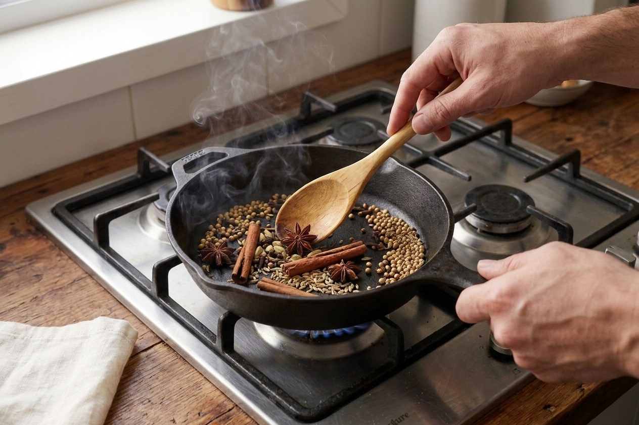 A pair of hands toasting star anise, cinnamon sticks, cloves, coriander, and fennel seeds in a dry skillet on a stovetop