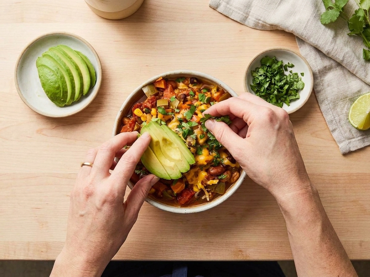 A pair of hands topping a bowl of veggie chili with avocado and cilantro at a kitchen counter under warm lighting
