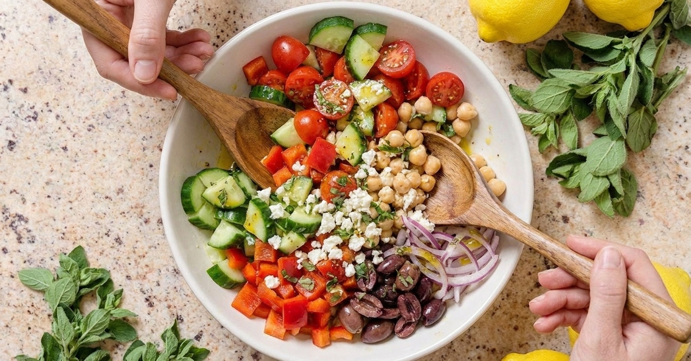 A pair of hands tossing Mediterranean salad in a large bowl with a wooden spoon on a bright kitchen counter