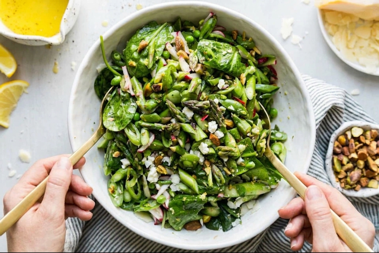A pair of hands tossing a spring salad in a large white bowl on a light stone countertop with asparagus, peas, radishes, herbs, and feta visible