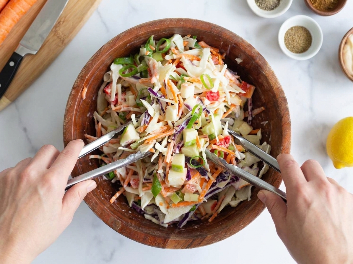 A pair of hands tossing apple slaw in a large mixing bowl with tongs on a bright kitchen counter