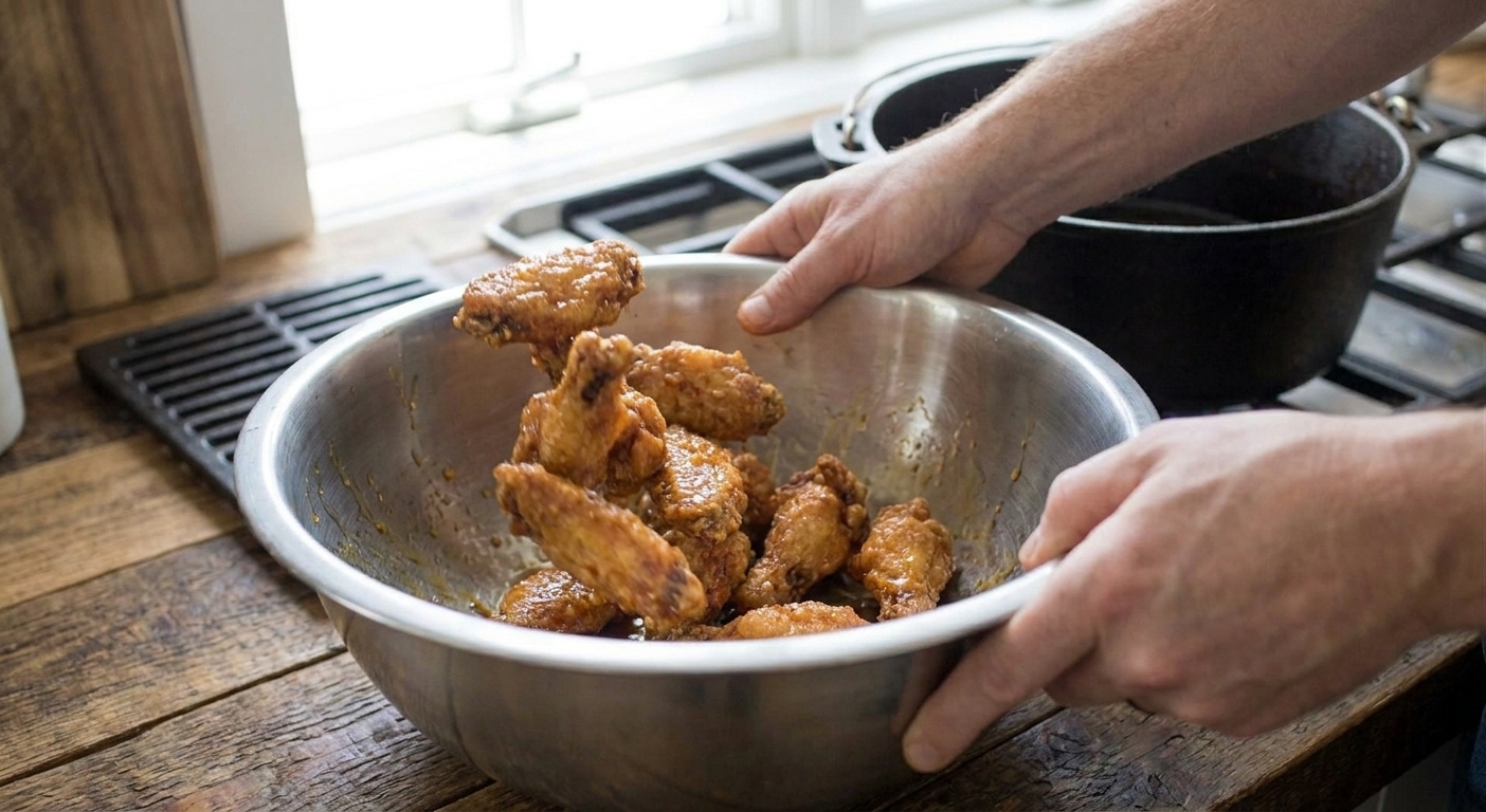 A pair of hands tossing freshly fried chicken wings in a large stainless steel bowl on a kitchen counter