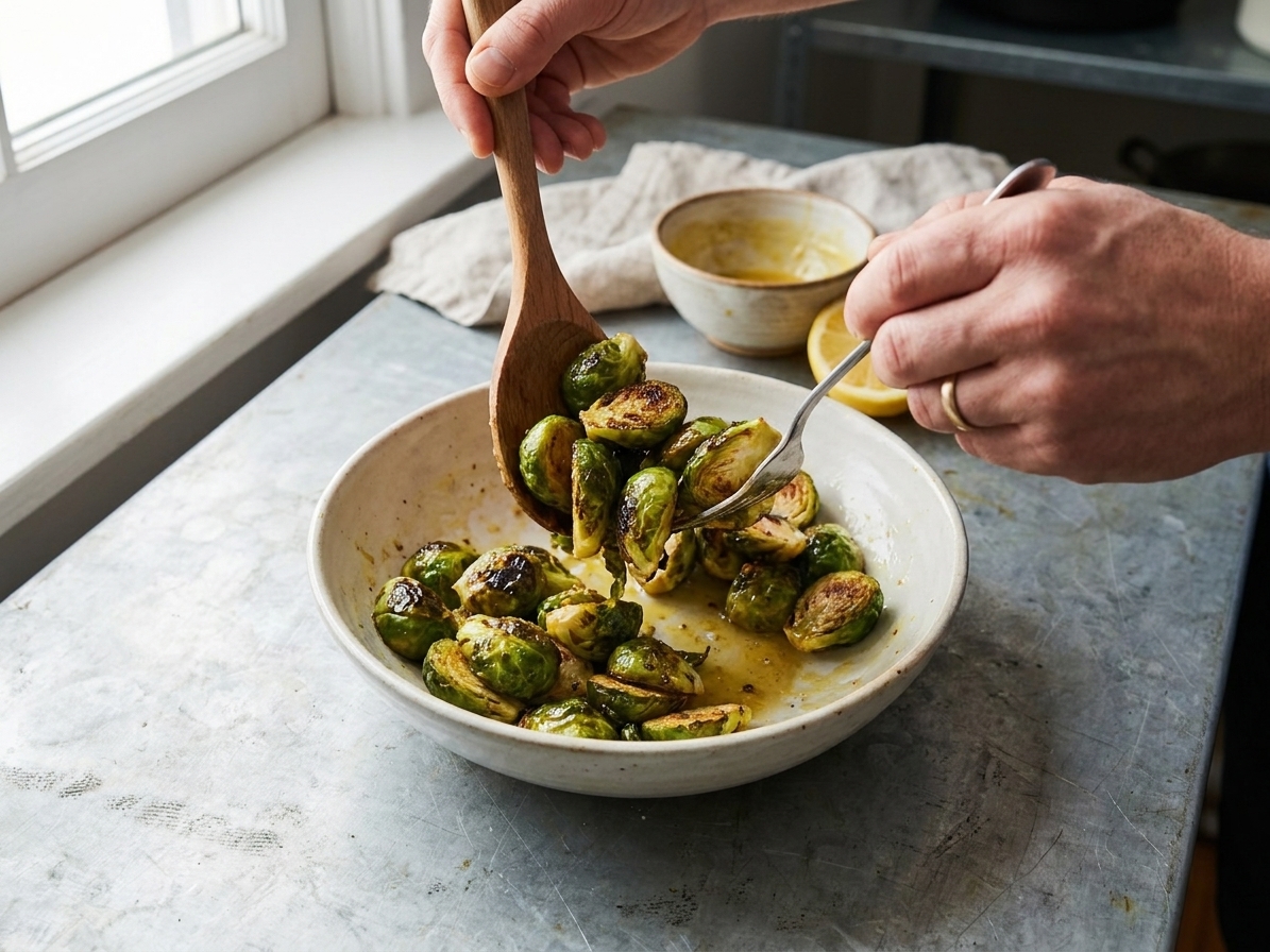 A pair of hands tossing roasted Brussels sprouts with a lemony Dijon glaze in a white serving bowl on a home kitchen counter